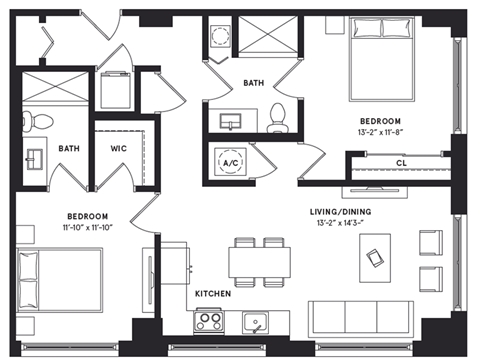 Floor plan for 2 beds, 2 baths, 1046 sqft
